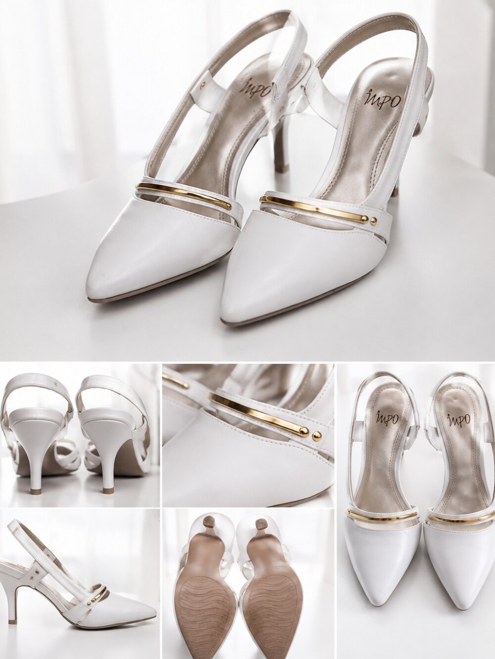 Impo White Pointed Slingback Heels with Metallic Accent
